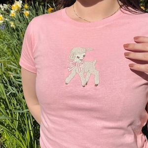 Vintage Lamb Coquette T-Shirt | Spring Lamb Embroidered Tshirt | Lamb Easter | Cute Tee | Y2K Tee Springcore | Cottagecore Aesthetic