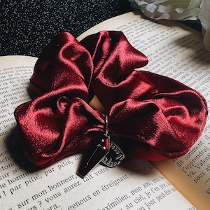 Könnte beinhalten: Burgunderfarbenes Samt-Haargummi mit einem silbernen Anhänger mit Sarg und Fangzähnen. Das Haargummi liegt auf einem offenen Buch mit französischem Text. Ein stilvolles Haaraccessoire.