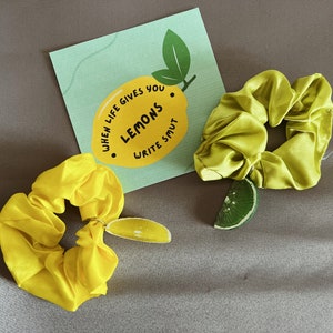 Può includere: Due scrunchies gialli e verdi con una fetta di lime e un biglietto che dice "When life gives you lemons, write smut".