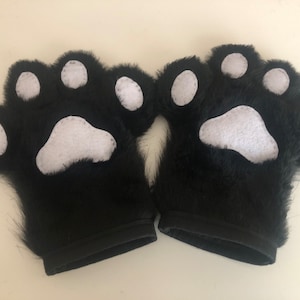 Fursuit Hand Paws Black Premium Fur and White Paw Pads, Cat Paws, Dog Paws, Furry Gifts, Black and White paws Ready to wear (102)