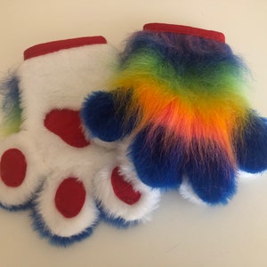 Luxury White, Blue and Rainbow Fur with Red Paw Pads Fursuit Hand Paws, Animal Costume, Cat Paws, Dog Paws, Furry Gifts, Rainbow paws (101)