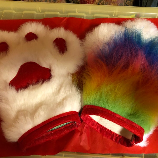 Luxury White and Rainbow Fur with Red Paw Pads Fursuit Hand Paws, Animal Costume, Cat Paws, Dog Paws, Furry Gifts, Rainbow paws (69)