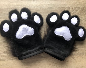 Fursuit Hand Paws Black Fur and White Paw Pads, Animal Costume, Cat Paws, Dog Paws, Furry Gifts, Black and White paws Ready to wear (72)