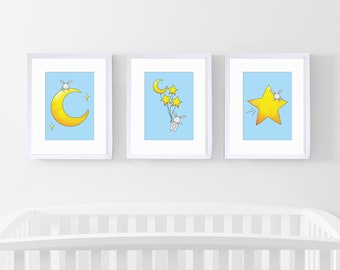 Blue Nursery Art, 8x10, Moon and Stars Nursery Decor, Whimsical Nursery, Gender Neutral Nursery Prints, Set of 3