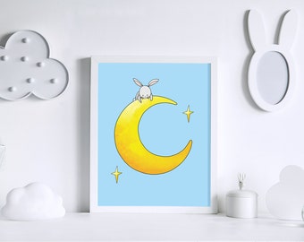 Moon and Stars Print| Whimsical Baby Decor | Nursery Art |  Gender Neutral Baby Decor (8x10)