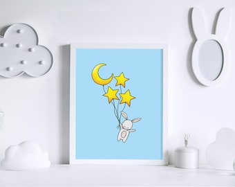 Star Balloon Nursery Print | Bunny, Moon & Stars Dreamy Art