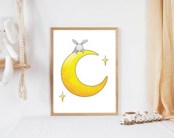 Whimsical Nursery Print | Simple Nursery Art | Moon and Stars (8x10)