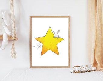 Bunny Nursery Print | Whimsical Nursery Art | Simple Nursery | Moon and Stars | Gender Neutral Baby Decor (8x10)