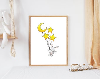 Star Balloon Nursery Print | Bunny, Moon, Stars (8x10)
