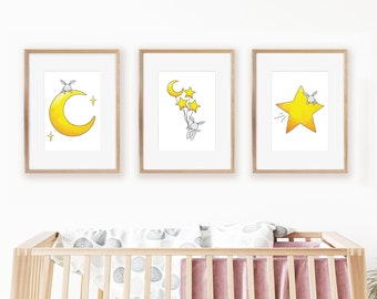Moon and Stars Nursery Decor, Animal Nursery Decor, Whimsical Nursery, Gender Neutral Nursery Prints, Baby Animal Art, (Set of 3, 8x10)