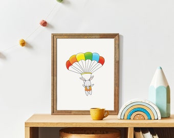 Parachute Bunny Nursery Print | Hot Air Balloon Nursery Decor | Gender Neutral Nursery Art (8x10)