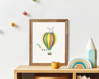 Bunny Hot Air Balloon Nursery Print | Rainbow Colors (8x10)