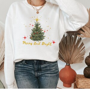 Merry & Bright Christmas Sweater. Watercolor Xmas Shirt. Cute Festive Crewneck Sweatshirt Vintage Style Christmas Shirt