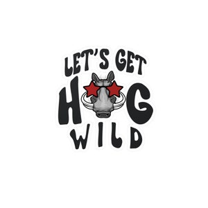 May include: A sticker with the text "LET'S GET HOG WILD" in black, with a cartoon warthog wearing red star-shaped sunglasses. The warthog is gray and white, with tusks and a detailed snout. The sticker is on a white background.