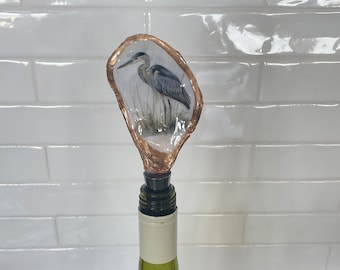 One of a Kind Handmade Blue Heron Oyster Shell Bottle Stopper, Unique Valentine's Day Gift,Champagne Stopper,Coastal Decor,Galentine's Gift