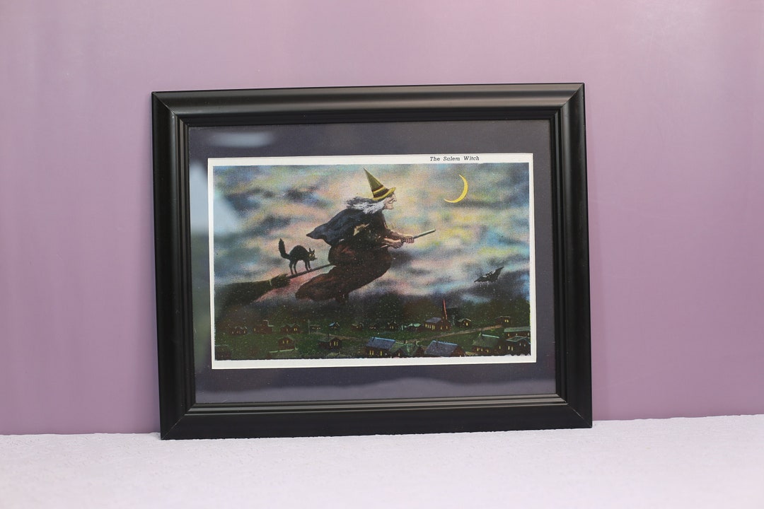 The Salem Witch, Salem MA, Salem Witch on Broom Print Framed Wooden