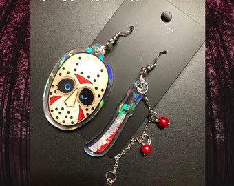 Camp Counselor Killer Mask & Machete Asymmetrical Acrylic Charm Earrings