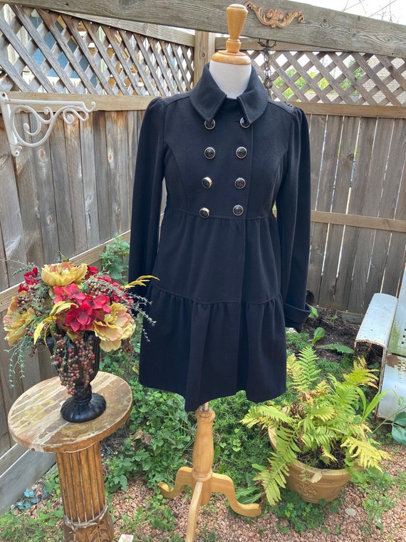 Candies Black Duster Coat-Junior Girl's Black Duster Coat-Fall Winter Fashion Coat-Formal Black Tiered Coat-Full Breast Buttons-Medium Black
