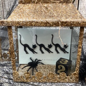 Puede incluir: Una linterna decorativa de estilo antiguo con acabado dorado, con tem&aacute;tica de Halloween. En el interior, una tarjeta muestra siluetas de gatos negros, una ara&ntilde;a peluda y un dado negro con el n&uacute;mero 2. Tambi&eacute;n es visible la palabra "halloween".