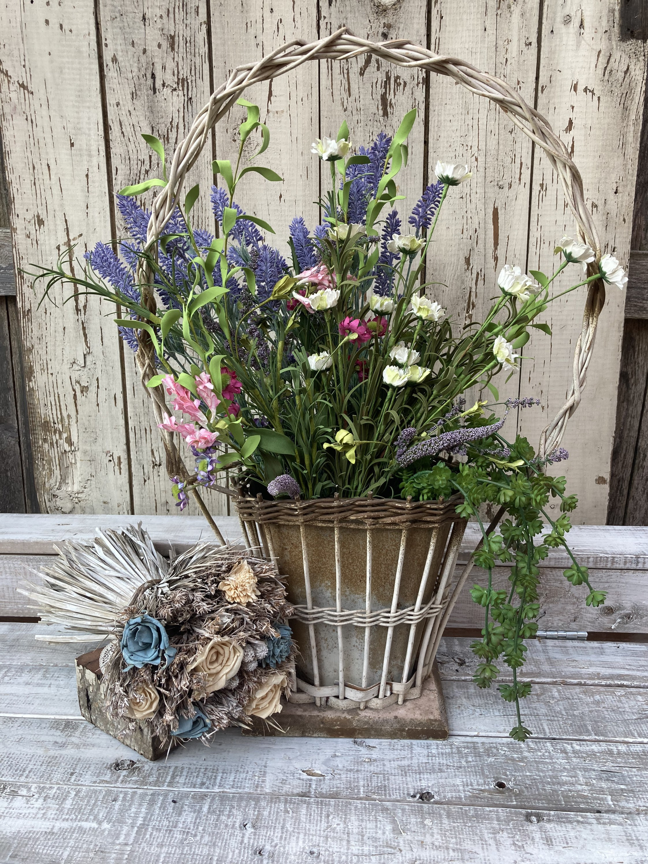 Flower Basket Vintage Wicker Tin Basket Flower BasketAntique Etsy