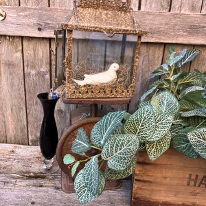 Puede incluir: Una jaula de p&aacute;jaros antigua y decorativa con detalles dorados y una figura de paloma blanca en su interior. Se encuentra sobre una superficie de madera r&uacute;stica, junto a un jarr&oacute;n negro y vegetaci&oacute;n artificial. Tambi&eacute;n hay una caja de madera con las letras "HA".