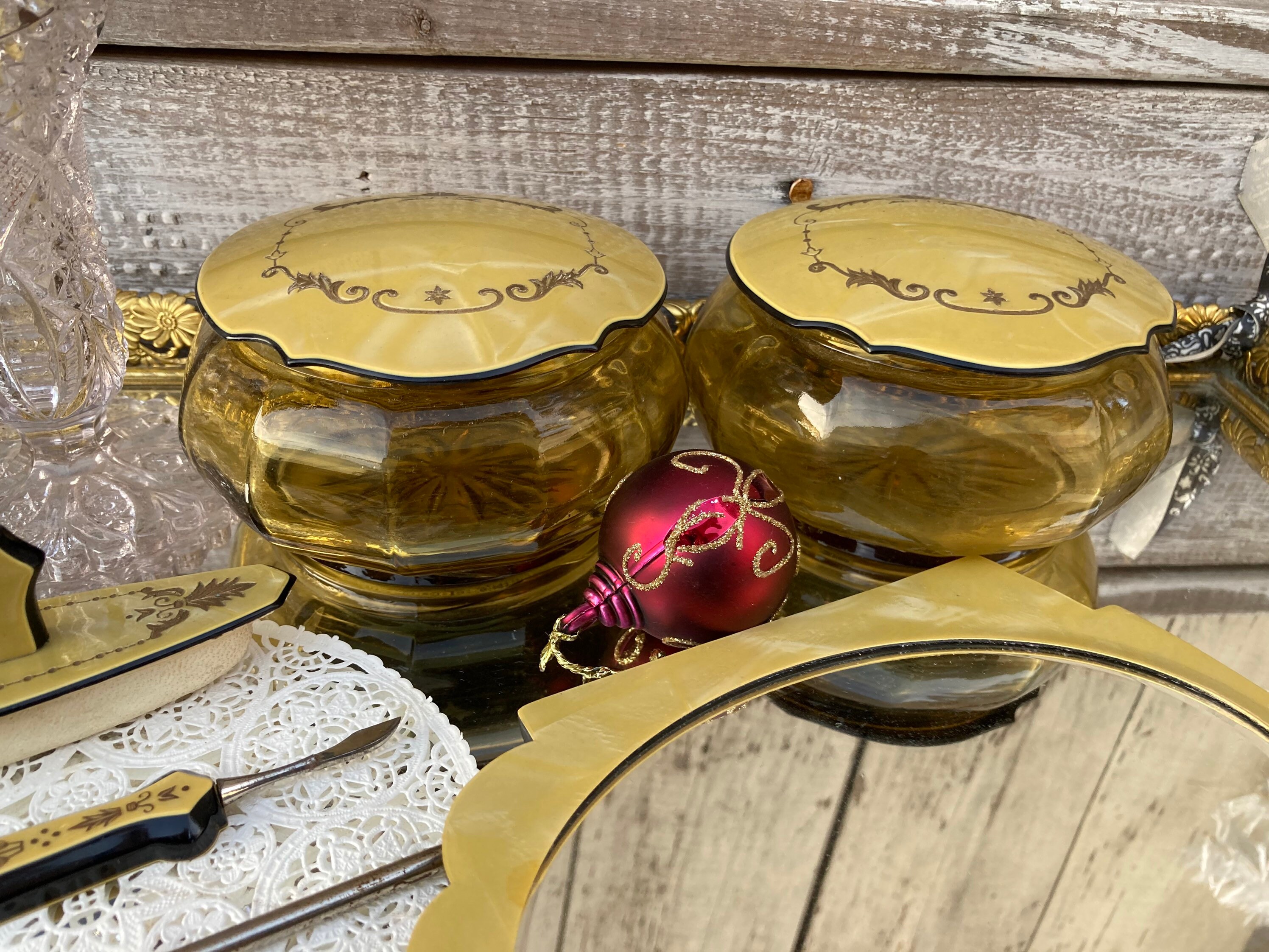 Antique Vanity Set Gold in Color. Very Good Condition! All items Cleaned. Gold Plated Vintage 6 Pc Vanity Set Mirror Tray, Matson main image 4