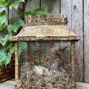 Puede incluir: Una linterna decorativa rectangular de vidrio y metal en color dorado envejecido. La linterna presenta detalles ornamentados y contiene un arreglo floral de alambre y cuentas, y musgo seco. El fondo muestra tablones de madera y vegetaci&oacute;n trepadora.