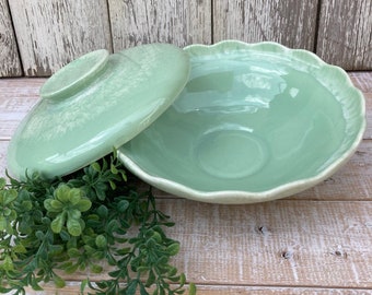 Hull USA Covered Casserole Dish-Vintage Sea Foam Green Casserole Dish-Scalloped Rim-Vintage Kitchen Ware-Vintage Home Decor-Hull Collectible