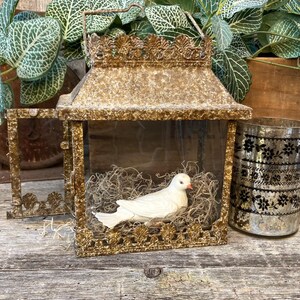 Puede incluir: Una linterna dorada de estilo vintage con un p&aacute;jaro decorativo en su interior, colocada sobre una superficie de madera envejecida. La linterna tiene una puerta con bisagras y est&aacute; junto a un jarr&oacute;n de cristal decorativo y plantas en maceta.
