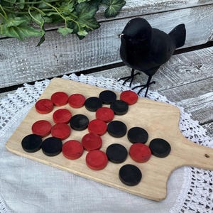 Wooden Checkers-Red Black Checkers-Vintage Wood Checkers-Craft Supply