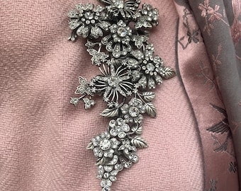 Large Silver Rhinestone Flower Brooch-Statement Floral Pin