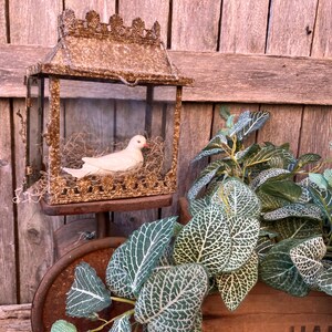 May include: A decorative birdcage with a white dove figurine resting on a nest. The ornate, antique-style cage is made of gold-colored metal and sits against a rustic wooden background. Green and white leafy plants are in the foreground.