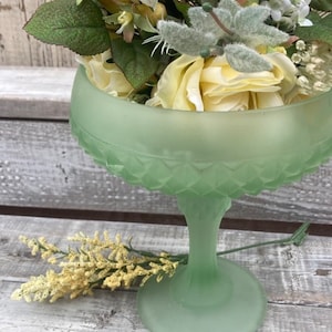 Pedestal Glass Bowl-Green Frosted -Glass Compote-Diamond Shape Candy Dish