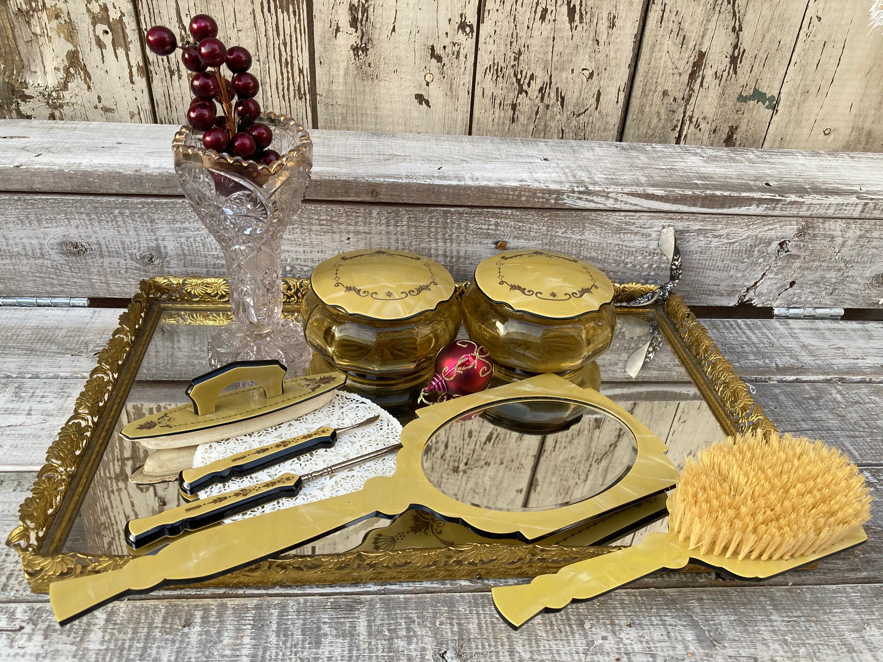 Antique 1920’s 3 PCs Amber Celluloid Art Deco‎ Brush Vanity Set Vintage Celluloid Vanity Set: Hair Brush, Dupont Comb  main image 4
