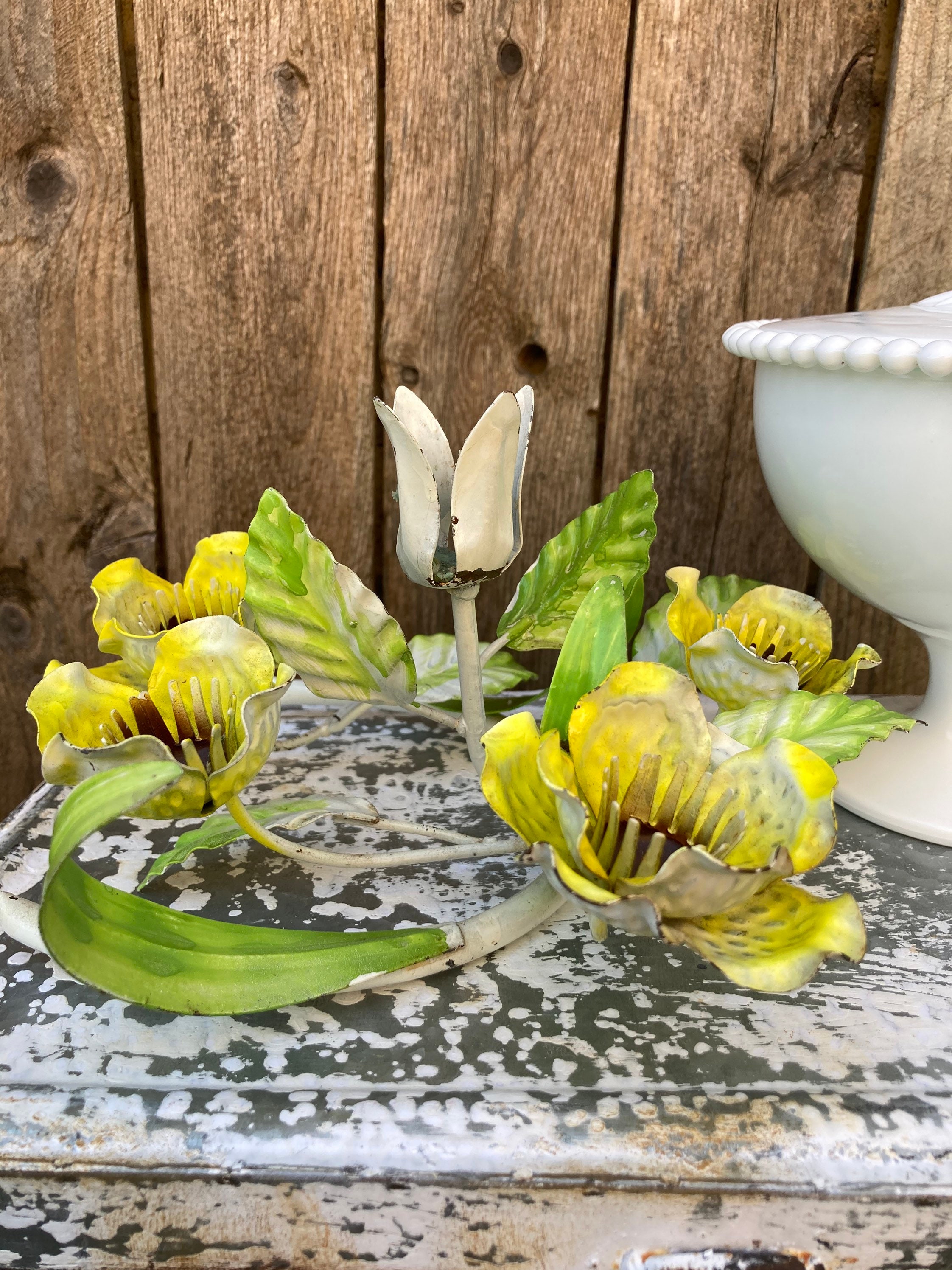 Vintage Toleware Candlestick Holder Yellow Metal Flowers Etsy