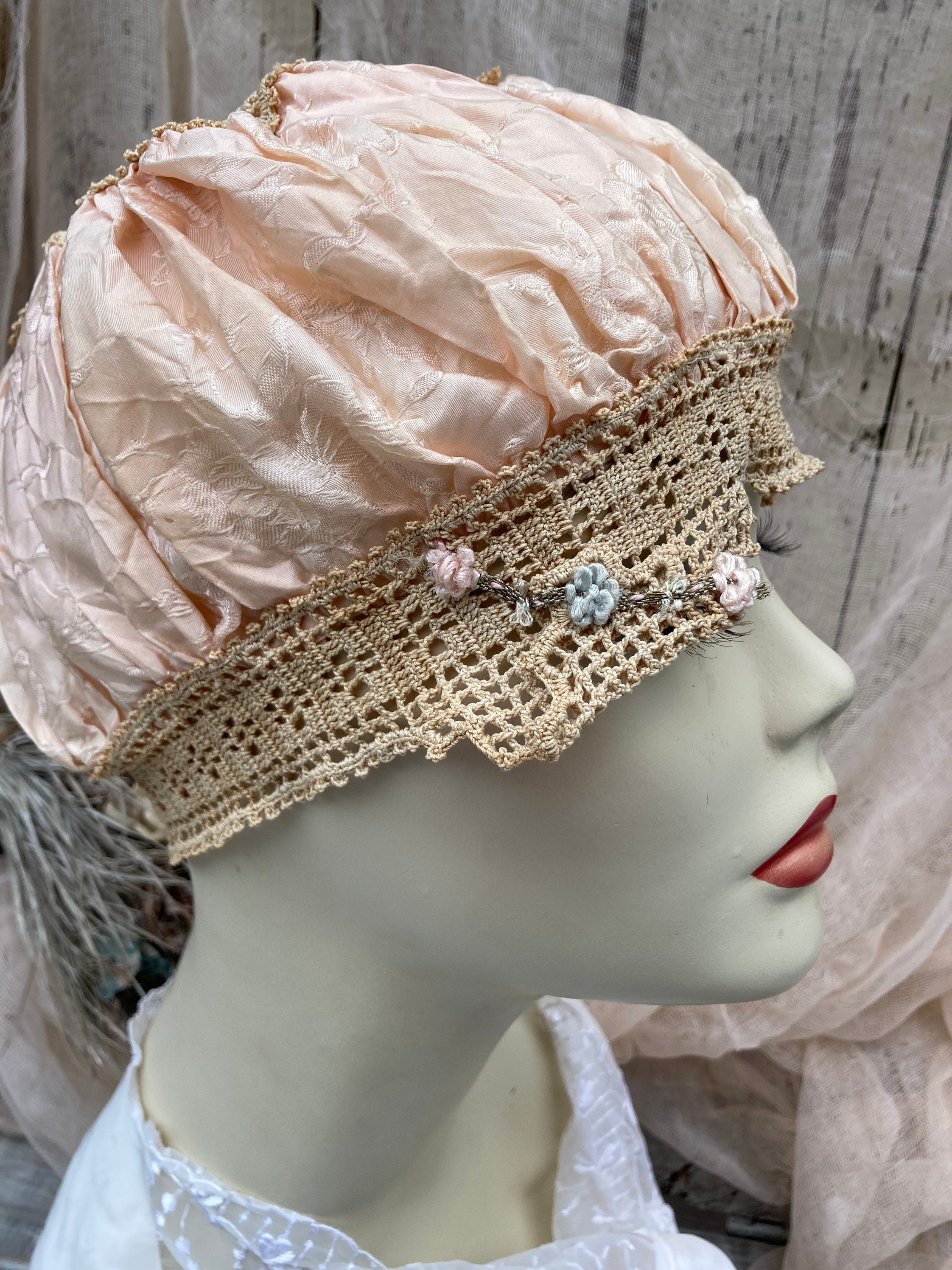 Antique Cream Net Pink rose Silk Ribbons Bow Lace Bed Cap  display picture 2