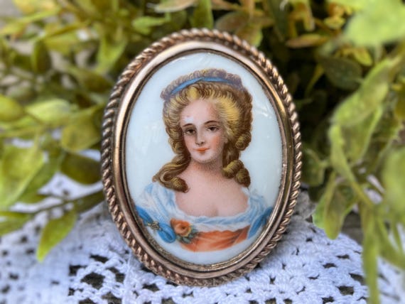 Porcelain Brooch-Woman Portrait-Limoges France