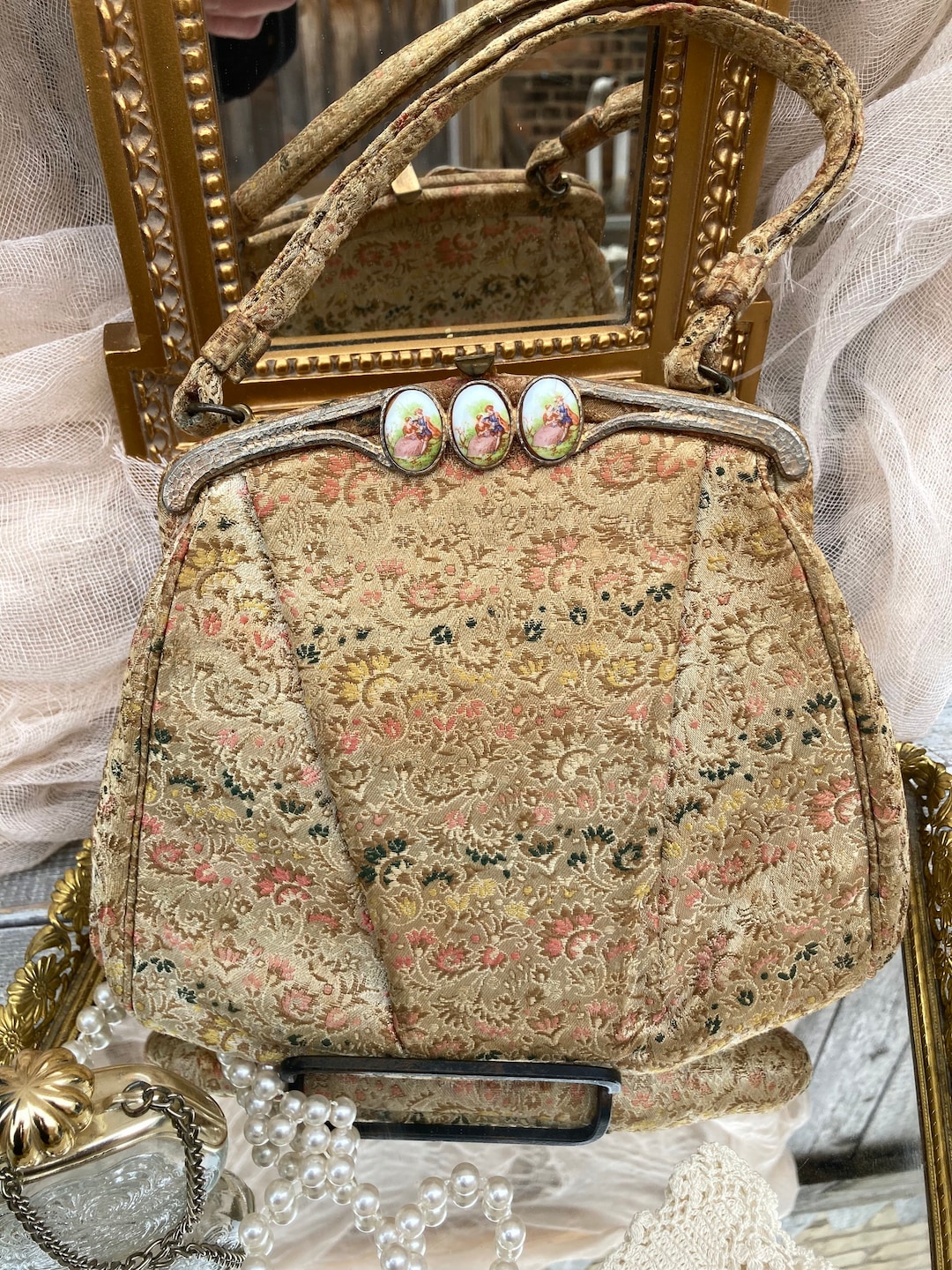 Antique Carpet Bagvictorian Courting Couple Cameosvintage Home Decor