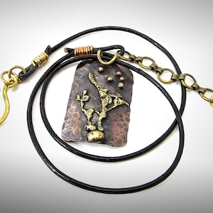 Abstract Necklace, Molten Brass and Copper, One of a Kind, Leather Corded,  18&quot; - 20&quot; Adjustable, NM001