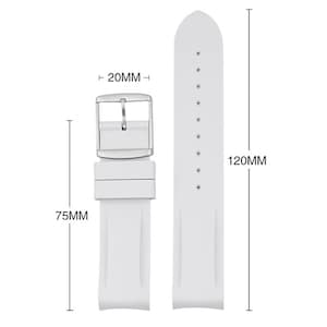 Pu&ograve; includere: Cinturino per orologio in silicone bianco con fibbia argentata. Il cinturino &egrave; largo 20 mm e lungo 75 mm. Il cinturino &egrave; lungo 120 mm.