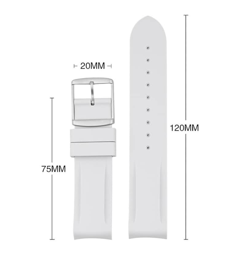 Pu&ograve; includere: Cinturino per orologio in silicone bianco con fibbia argentata. Il cinturino &egrave; largo 20 mm e lungo 75 mm. Il cinturino &egrave; lungo 120 mm.