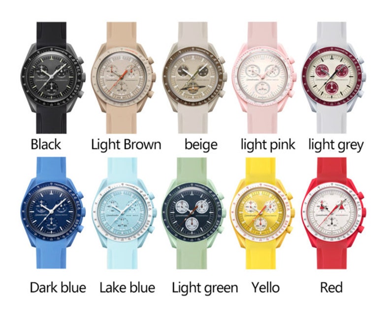 Pu&ograve; includere: Dieci orologi da polso di diversi colori con funzioni cronografiche. Gli orologi hanno un quadrante bianco con marcature nere e un cinturino in silicone nero, marrone, beige, rosa, grigio, blu, blu chiaro, verde, giallo o rosso.