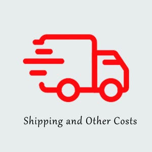 Könnte beinhalten: Eine rote Umrissgrafik eines Lieferwagens mit zwei Rädern und drei horizontalen Linien, die Bewegung anzeigen. Unter dem LKW steht der Text "Shipping and Other Costs" in Schwarz.