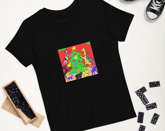May include: Black t-shirt with a colorful illustration of animals decorating a Christmas tree. The animals include giraffes, a cow, a sheep, and a dog.