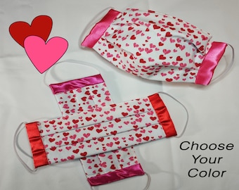 Valentines Day Mask with Nose Wire | Cute Hearts Face Mask | Valentines Day Gift | Washable Filter Pocket Cotton | For Women Kids Adults
