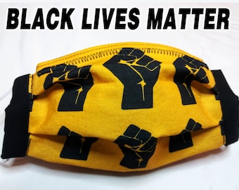 Black Lives Matter Face Mask,  BLM Fist Yellow | Washable Reusable Filter Pocket Nose Wire | 2 layer, Cotton / Filter | Black History Mask