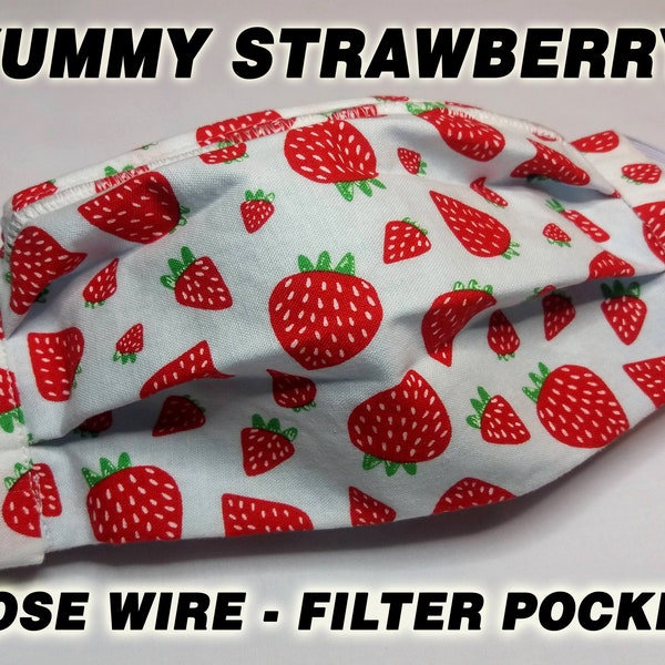 Strawberry Face Mask | Washable Reusable Filter Pocket Nose Wire | 2 Layer Cotton/Filter | Cute Summer Spring Mask | Kids Teens Women