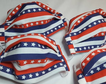 4th of July Mask, Patriotic USA Face Mask, Washable  Large Adult, nose wire, filter pocket, Red White Blue American Flag Stars Stripes