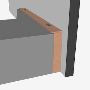 以下が含まれることがあります： 作り付けのキャビネットまたは構造物の3Dレンダリング。構造は、木製の天板とサイドパネルを備えたグレーのベースです。木製の要素は明るい茶色です。構造は白い壁に面しています。