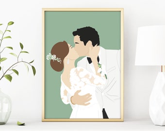 Illustration de portrait de mariage personnalisée à partir de votre photo, disponible au format A4, A3 ou en téléchargement numérique ! Le cadeau personnalisé parfait !